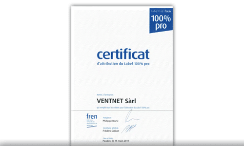 VENTNET - Certificat d'Attribution du label 100% pro